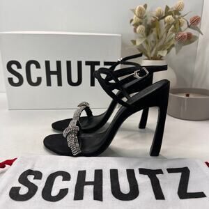 Schutz Pearl Sandals Curved Nubuck High Heel Stiletto Black Womens Size 8.5B